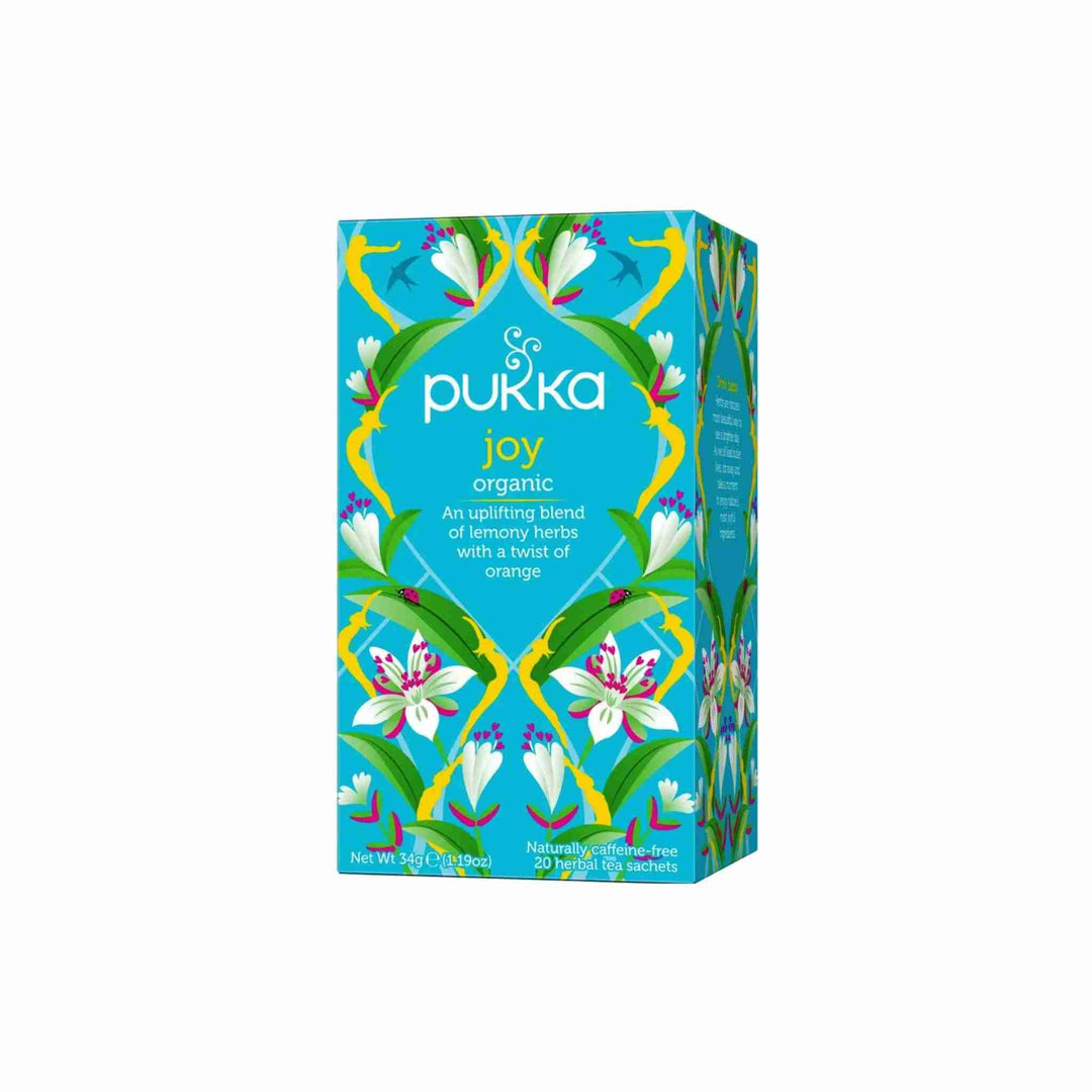 Te Pukka Joy, 20 breve. Økologisk te med citronmelisse, citrongræs, lakridsrod, lavendel og appelsinolie. Harmonisk og forfriskende smagsoplevelse. Fremstillet af etisk dyrkede urter.