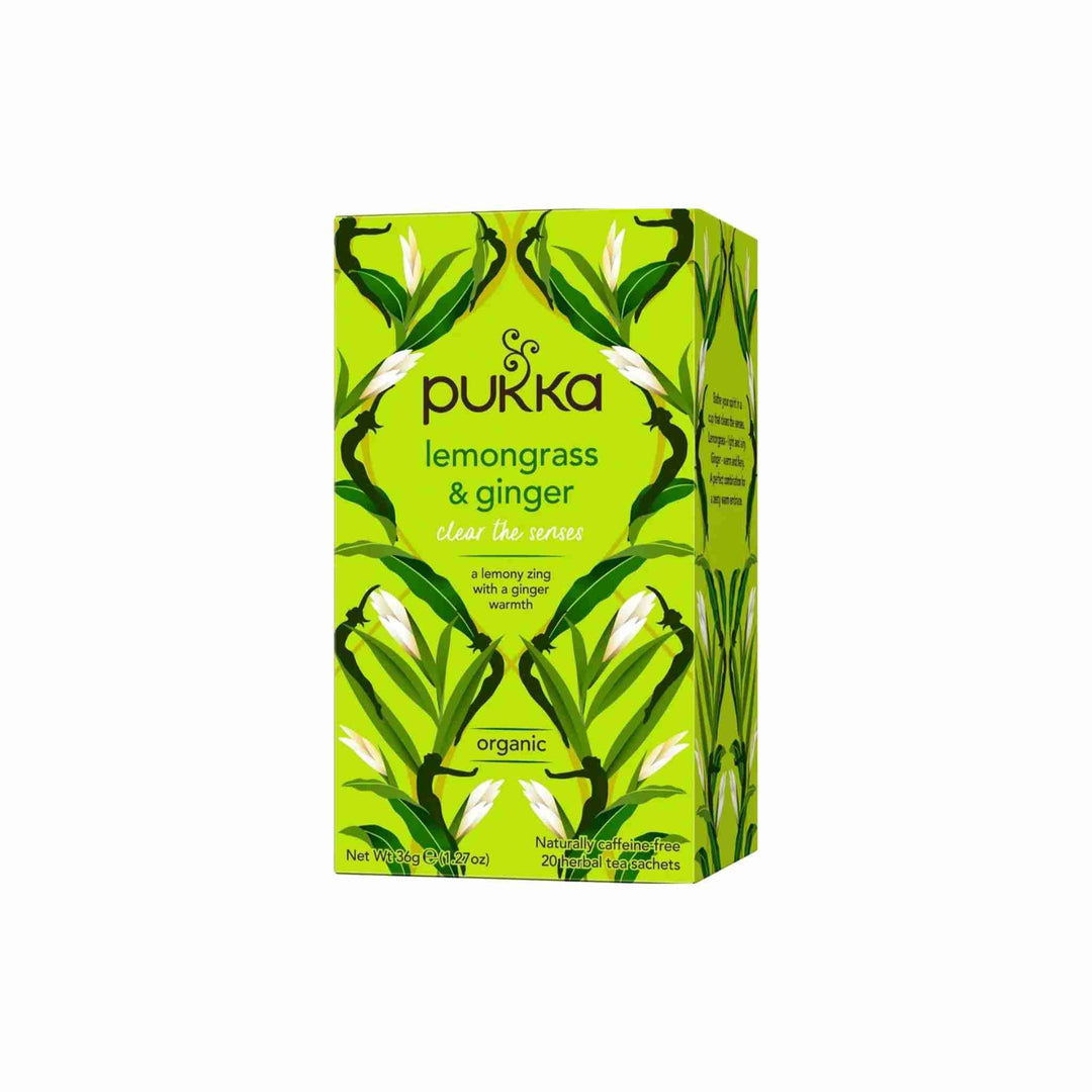 Te Pukka Lemongrass & Ginger, 20 breve. Økologisk te med citrongræs, ingefær, lakridsrod og citronverbena. Naturligt koffeinfri og bæredygtigt dyrket. Perfekt til en frisk og varmende teoplevelse.