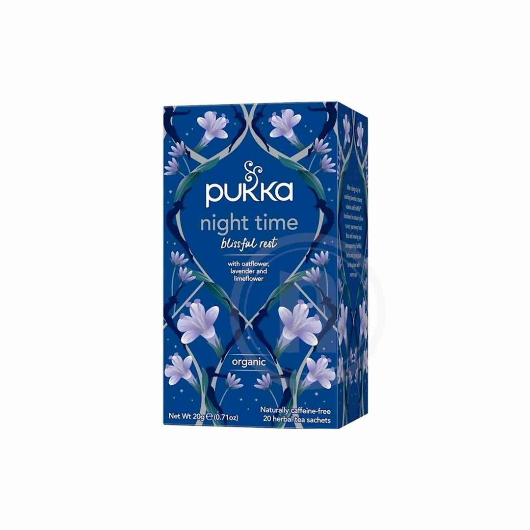 Te Pukka Night Time, 20 breve. Økologisk urtete med havreblomst, kamille, lavendel, lakridsrod og baldrian for en beroligende effekt. Perfekt til afslapning og nattesøvn.
