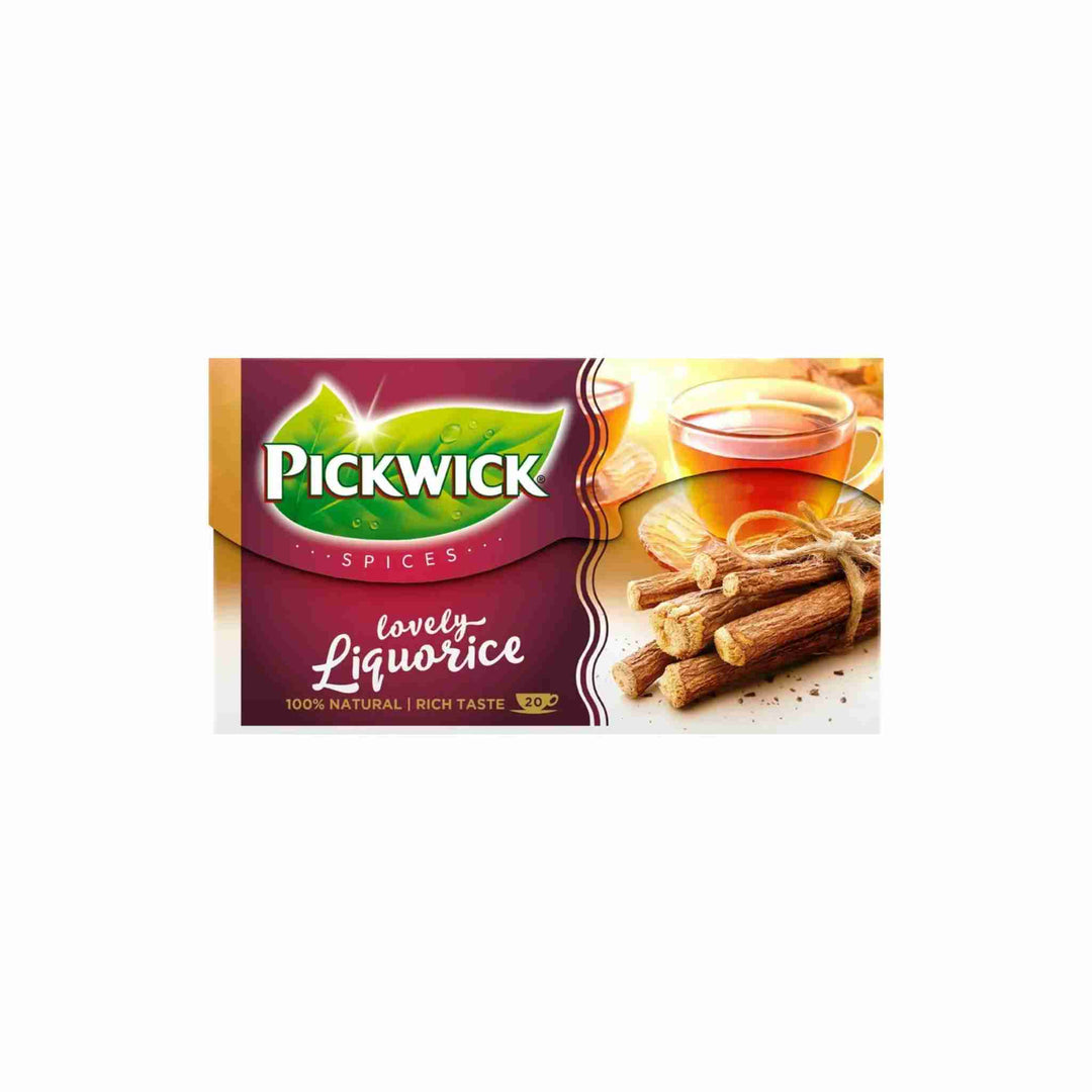 Tebreve Pickwick Lakridsrod, 20 breve. Unik teblanding med sød lakridsrod og let kinesisk Oolong te. Delikat og velsmagende, perfekt til afslapning. Ideel til både varme og kolde drikke.