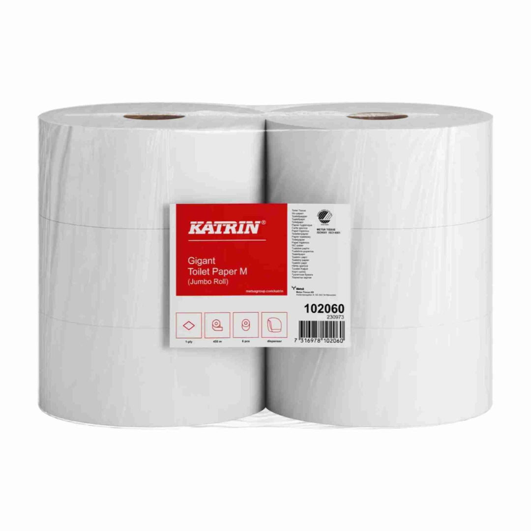 Toiletpapir Katrin Gigant M/L Jumbo, 1-lags, 435 m. Svanemærket og høj kapacitet. Passer til Katrin Medi dispenser.