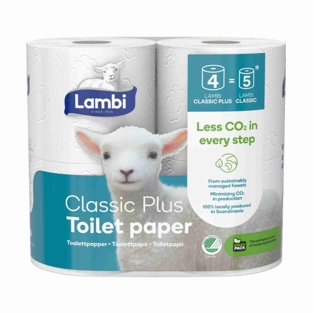 Toiletpapir Lambi Extra Long, 3-lags, 25,5 m. Blødt, Svanemærket og med ekstra længde for færre rulleskift.