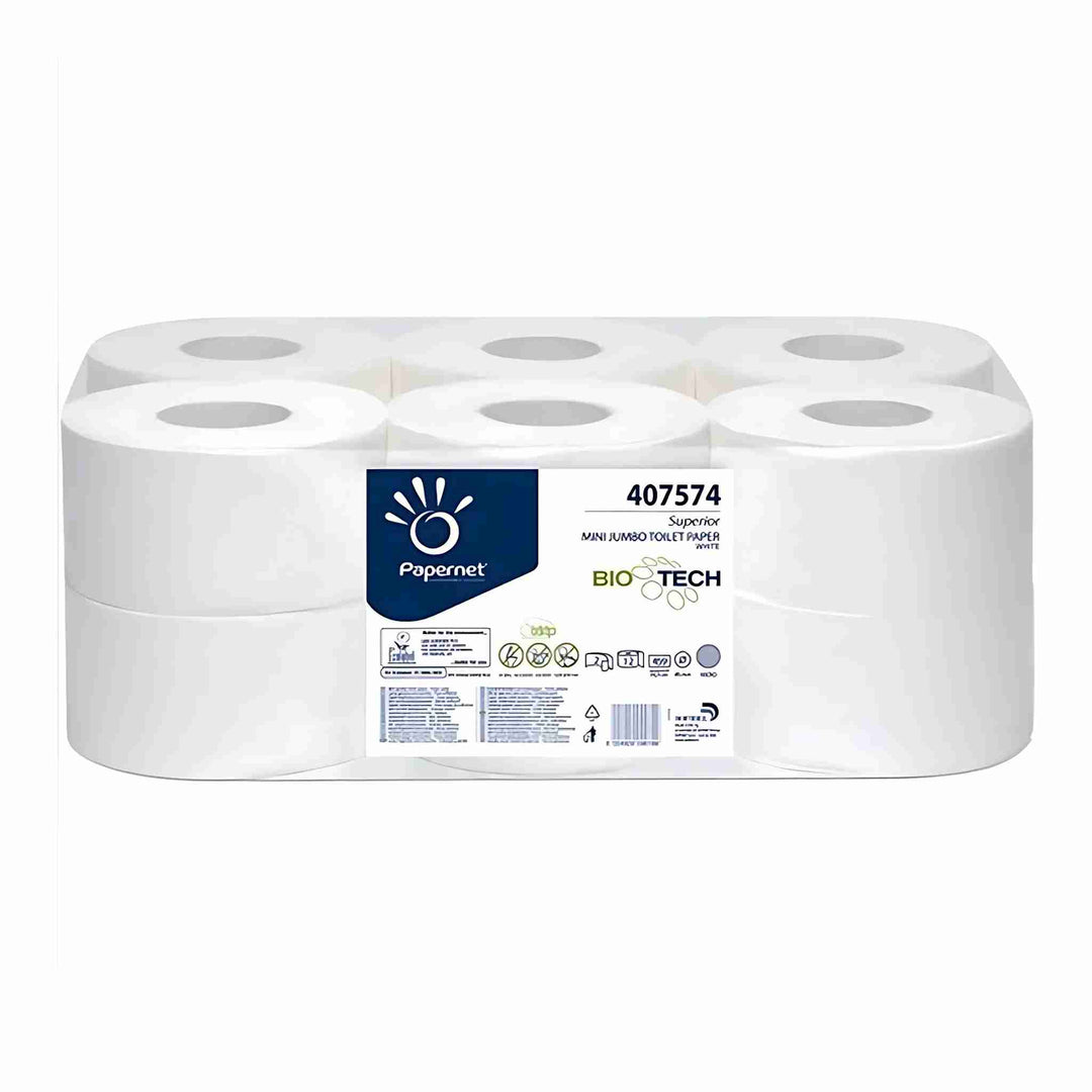 Toiletpapir Papernet Jumbo Mini Biotech, 2-lags, 140 m. Bio-Tech BATP-teknologi mod tilstopning. Ideelt til højfrekvente toiletter.