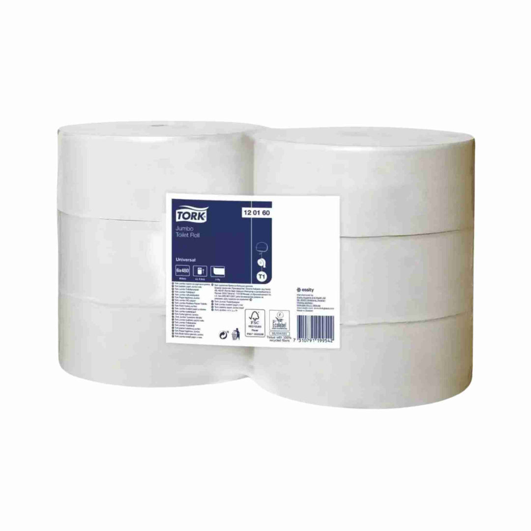 Toiletpapir Tork T1 Universal, 1-lags, 480 m. Høj kapacitet og EU-Blomsten mærket. Økonomisk og velegnet til Tork T1 dispenser.