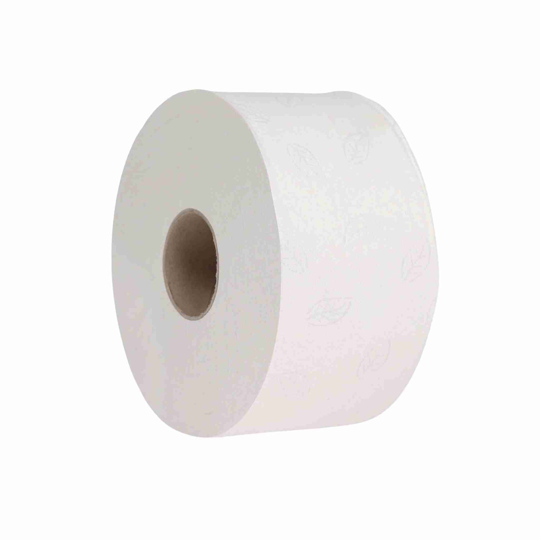 Toiletpapir Tork T2 Mini Jumbo, 2-lags, 170 m. Høj kapacitet, præget bladmønster og produceret uden fossil CO2-udledning.