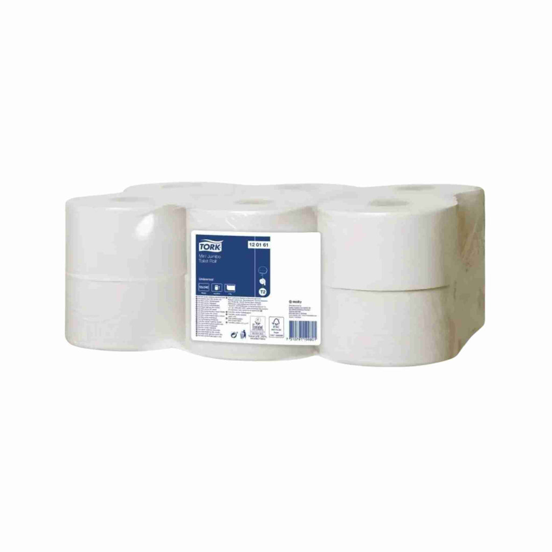 Toiletpapir Tork T2 Mini Jumbo Universal, 1-lags, 240 m. Økonomisk og høj kapacitet. Passer til Tork T2 dispenser.