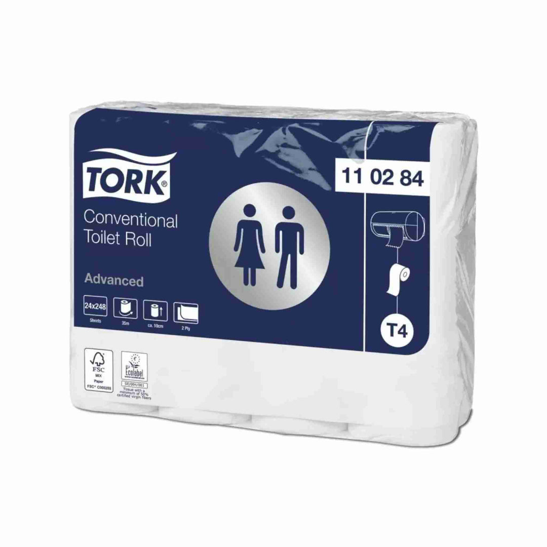 Toiletpapir Tork T4 Advanced, 2-lags, 35 m. Blødt, præget og EU-Blomsten mærket. Produceret uden fossil CO2-udledning.