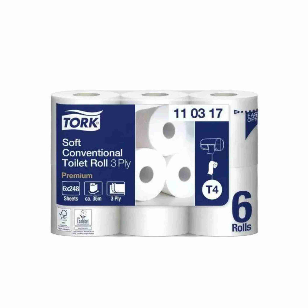 Toiletpapir Tork T4 Premium Soft, 3-lags, 35 m. Blødt, præget bladmønster og EU-Blomsten mærket. CO2-neutral produktion.