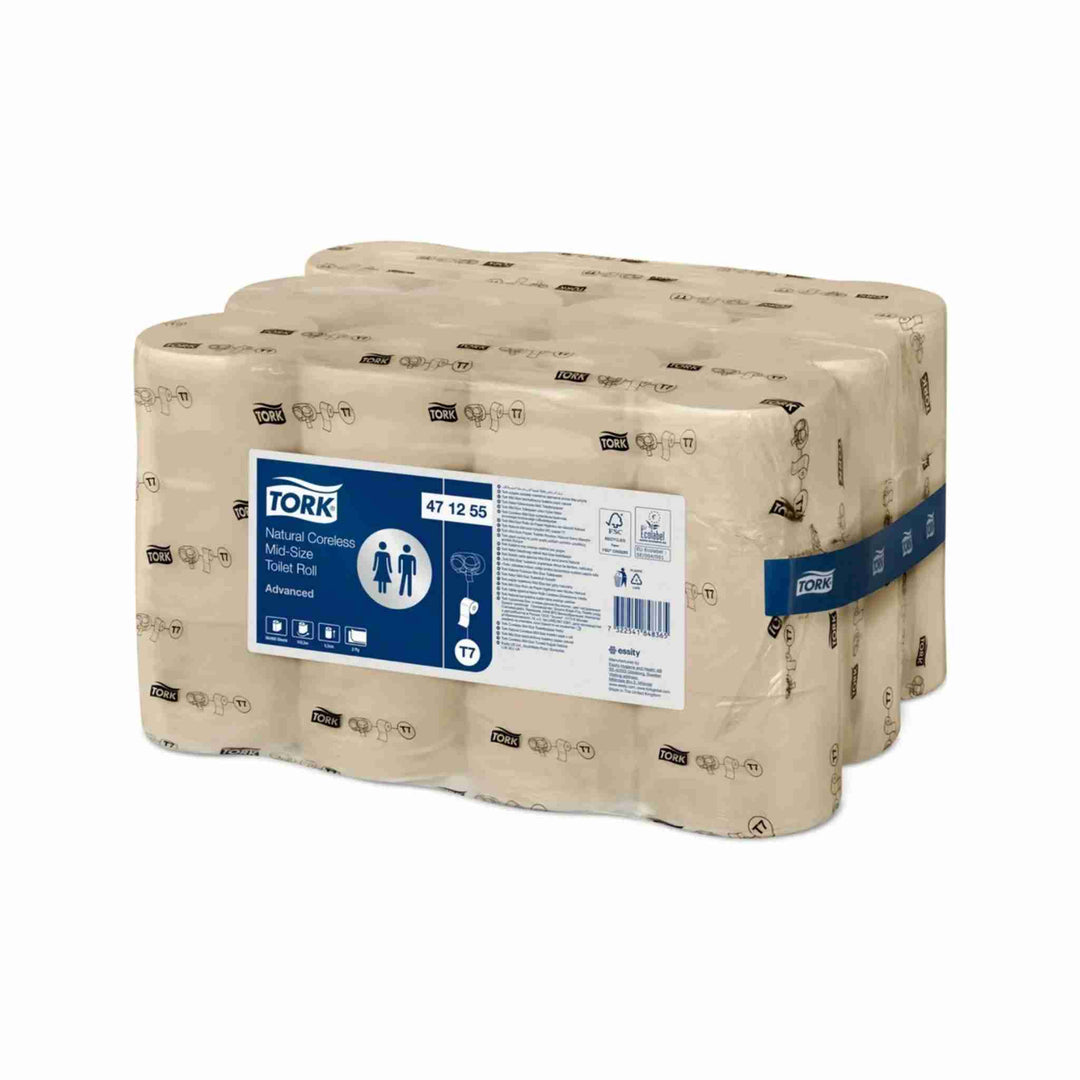 Toiletpapir Tork T7 Advanced, 2-lags, 103,5 m. Fremstillet af 100% genbrugsfibre. Høj kapacitet og miljøvenligt valg.