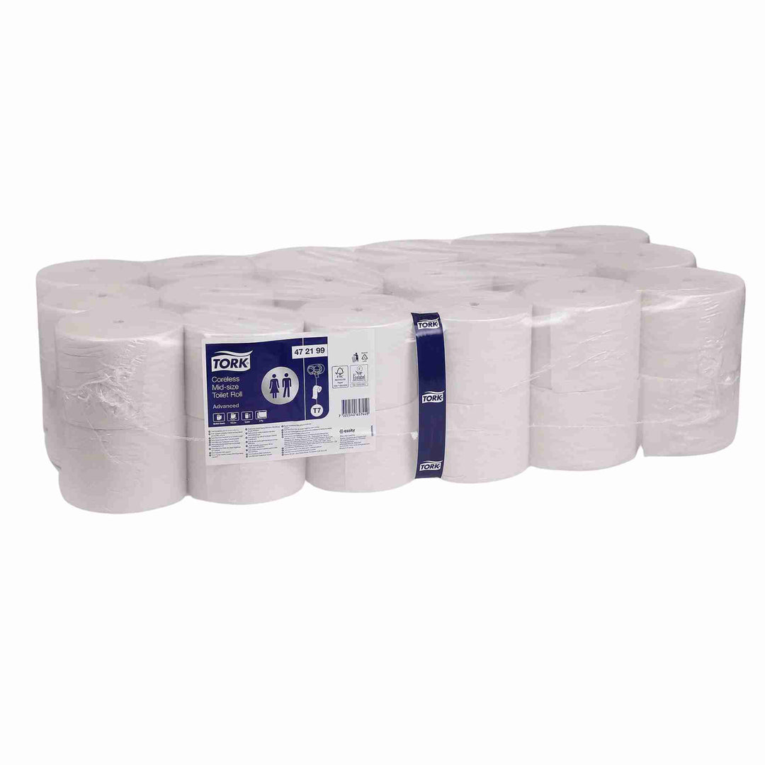 Toiletpapir Tork T7 Mid-Size Advanced, 2-lags, 113 m. Ét-ark-ad-gangen dispensering. EU-Blomsten mærket og uden hylse for mindre affald.