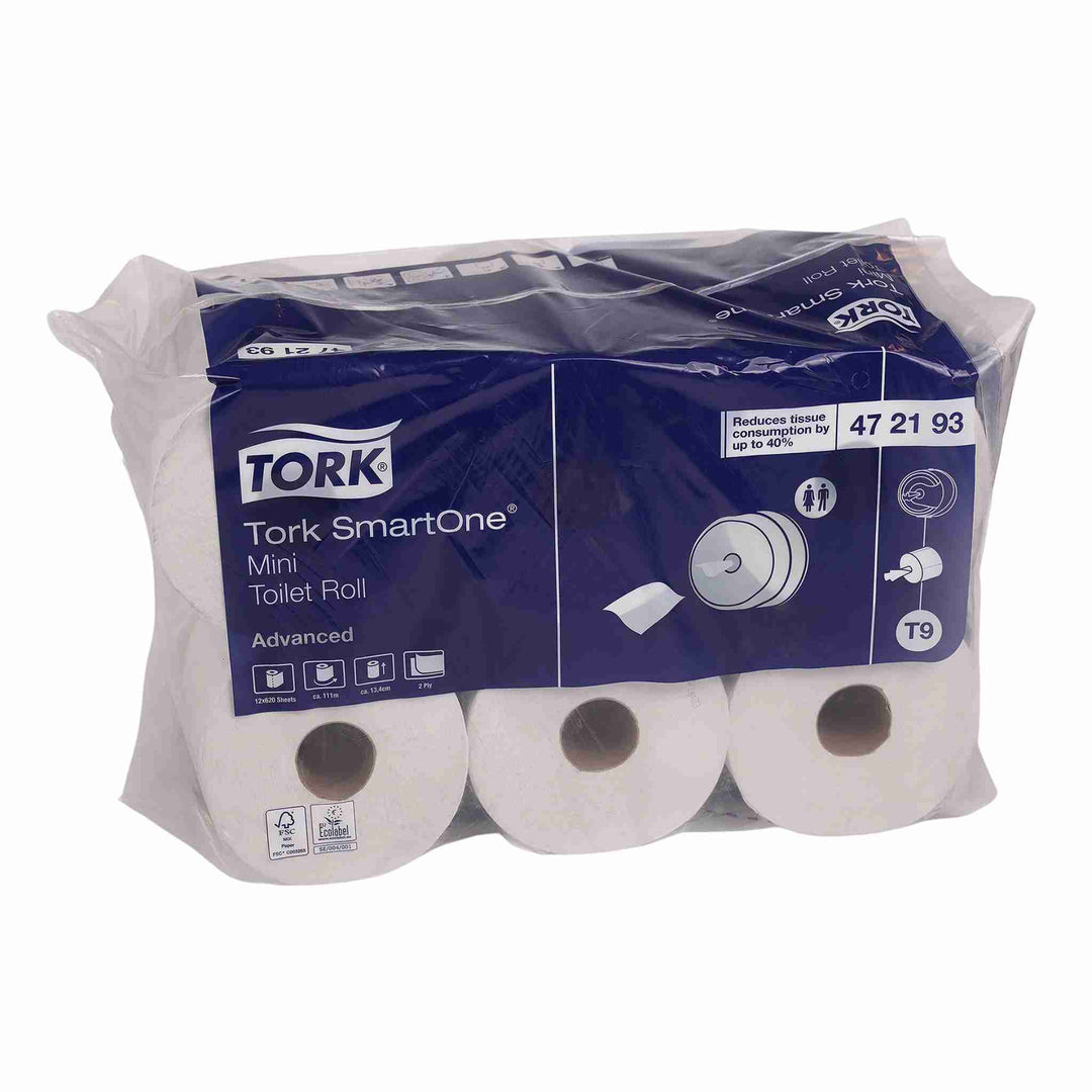 Toiletpapir Tork T9 SmartOne Mini, 2-lags, 620 ark. Ét-ark-ad-gangen dispensering reducerer forbrug. Passer til Tork SmartOne Mini dispenser.