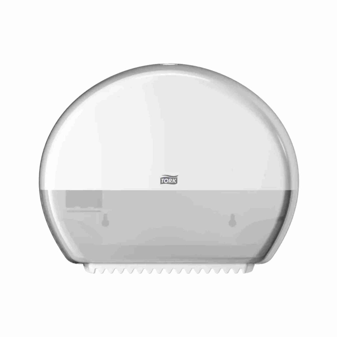 Toiletpapirdispenser Tork T2 Jumbo Mini Hvid, 1 stk. Robust dispenser med semitransparent vindue, sikker lås og nem afrivning af papir.