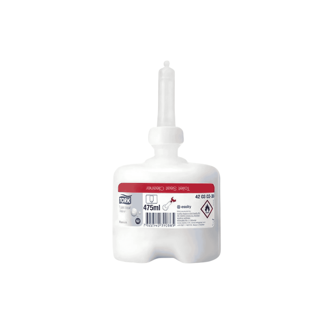 Tork S2 Premium toiletsæderens 475 ml. Forbedrer hygiejne og komfort. Bruges med Tork S2 dispenser. Hygiejnisk forseglet refill for nem genopfyldning.