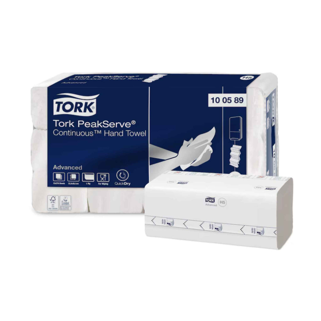Tork 100589 H5 Advanced 1‑lags håndklædeark med QuickDry, ét‑ad‑gangen dispenserfunktion, kontinuerlig udtræk og bladpræg.