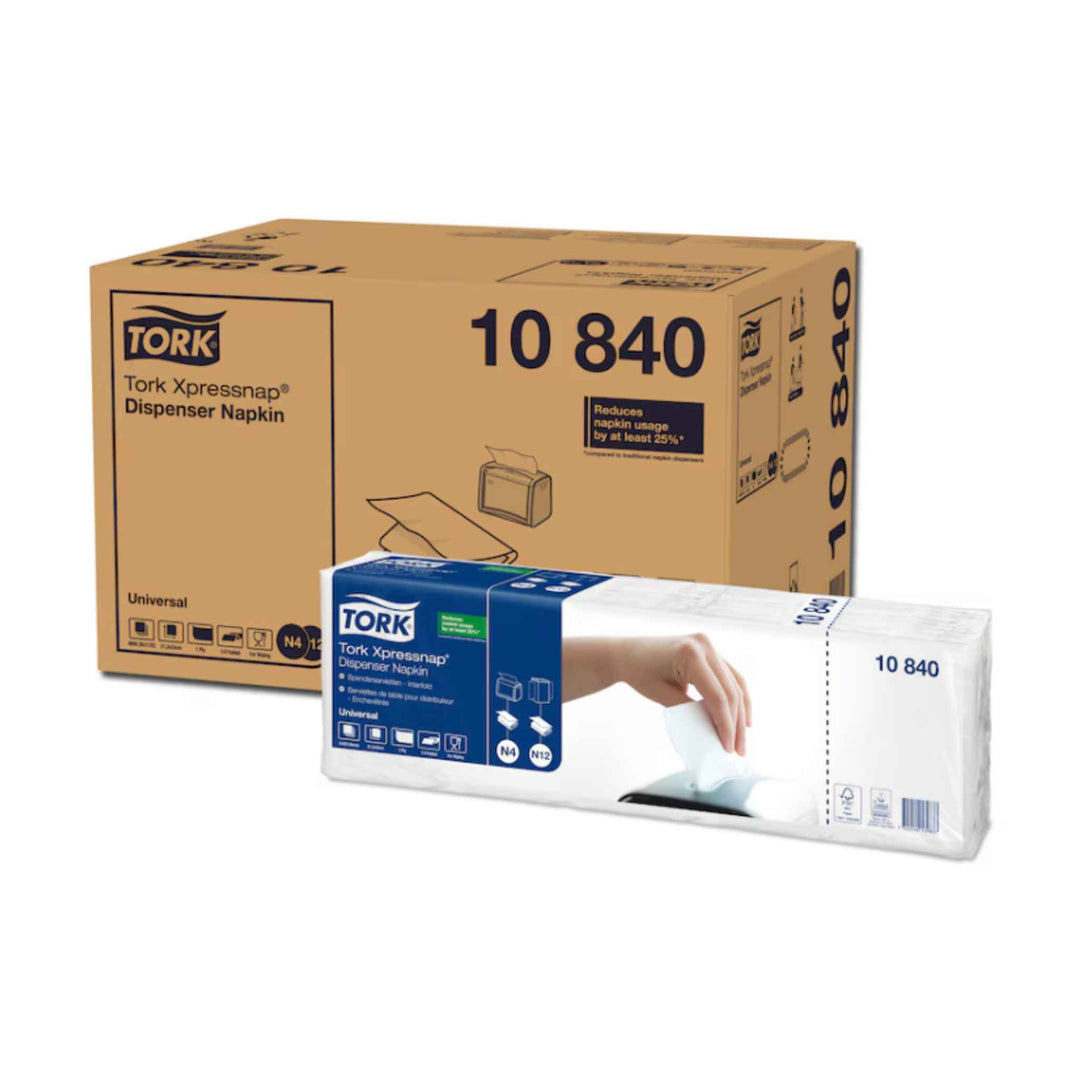 Tork 10840 N4 Universal 1‑lags servietter i hvid, 9000 stk., reducerer forbrug, hygiejnisk emballage og komposterbar.