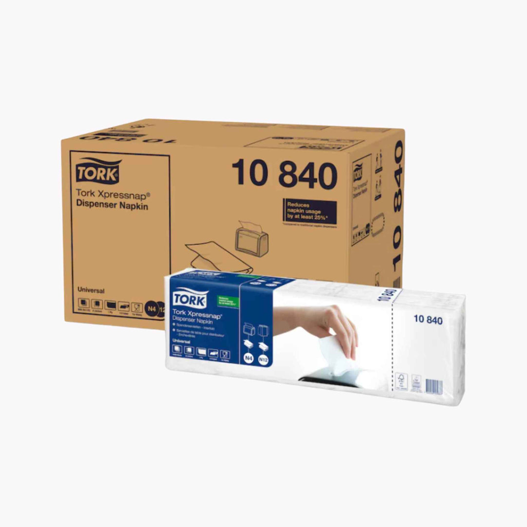 Tork 10840 servietter – økonomisk 1‑lags dispenserservietter med én‑ad‑gangen funktion for reduceret forbrug og bedre hygiejne.