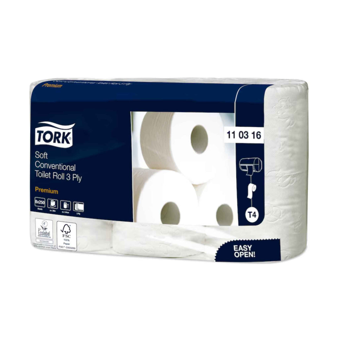 Tork 110316 T4 Premium Soft 3‑lags toiletpapir, 27,5 m x 72 rl., ekstra blødt, luksuriøst design og elegant dekorativt motiv.