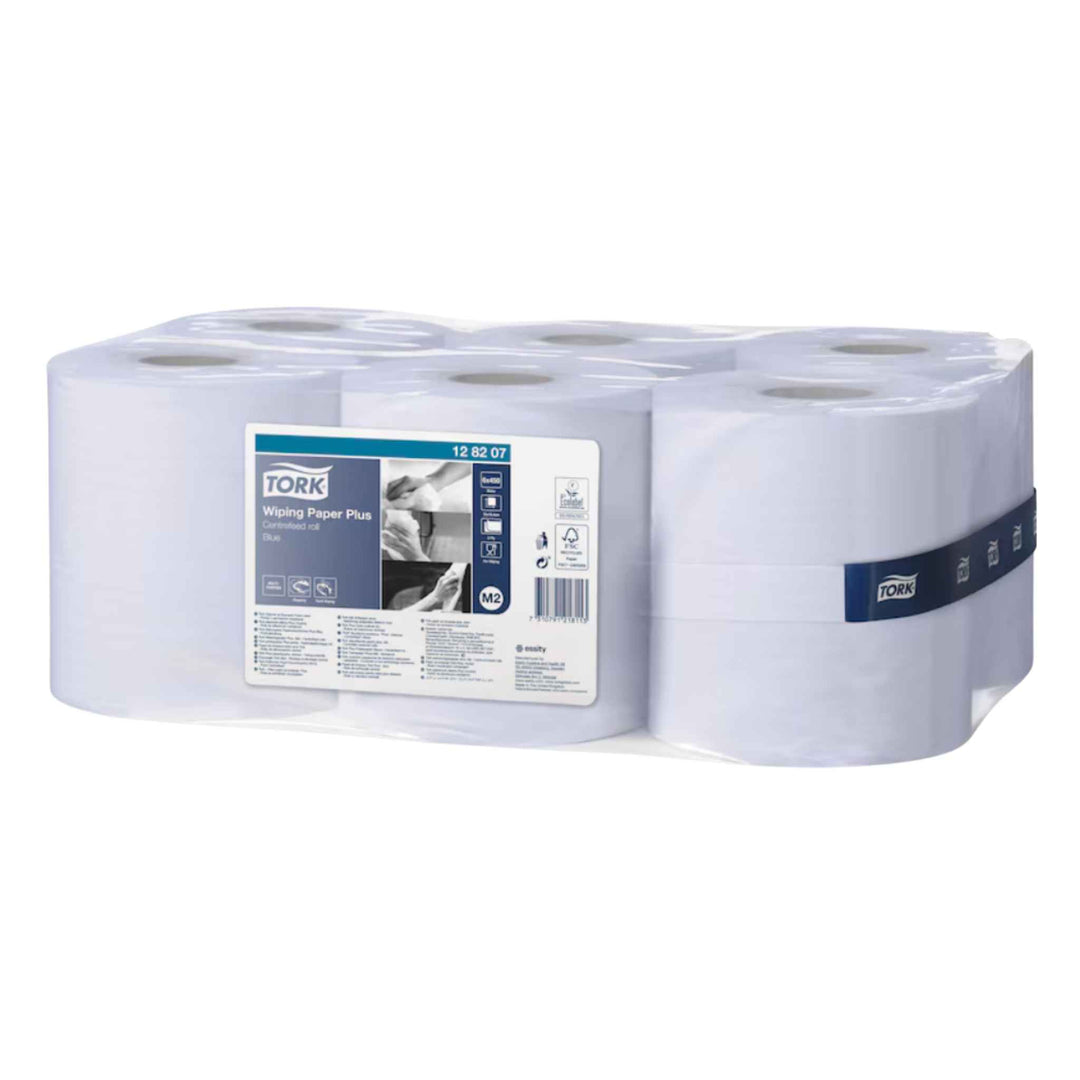Tork 128207 M2 Plus centerruller 2‑lags blå papir til centerfeed dispenser, absorberende og hygiejnisk ét‑hånds betjening.