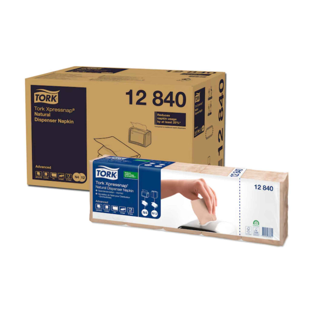 Tork 12840 N4 Advanced servietter 1‑lags i natur, 9000 stk., 100% genbrug, ét‑ad‑gangen funktion, hygiejnisk og komposterbar.