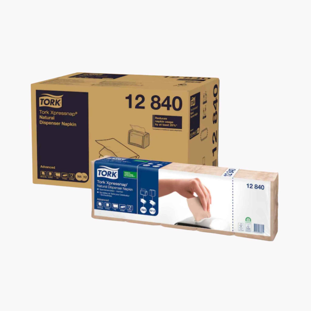 Tork 12840 servietter – miljøvenlige dispenser servietter i genbrugsfibre med én‑ad‑gangen funktion for minimalt spild.