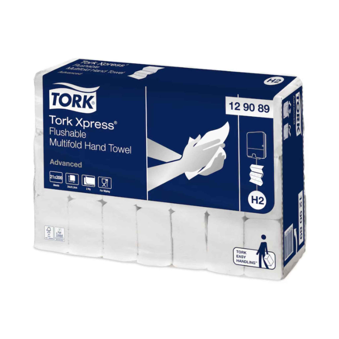 Tork 129089 H2 Xpress Advanced Flushable 2‑lags håndklædeark – én‑ad‑gangen, skylbart og hygiejnisk løsning.