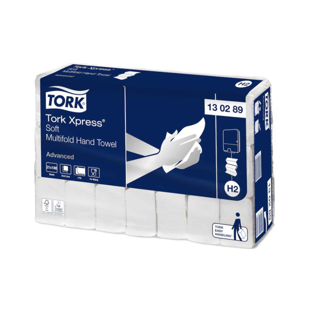 Tork 130289 H2 Xpress Advanced Soft 2‑lags håndklædeark, blødt, absorberende, ét‑ad‑gangen funktion og pladsbesparende design.