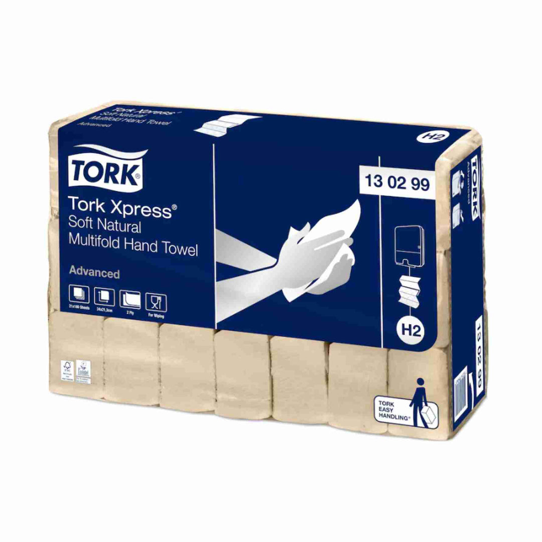 Tork 130299 H2 Xpress Advanced Soft 2‑lags håndklædeark i natur, 100% genbrug, absorberende og ét‑ad‑gangen dispenserfunktion.