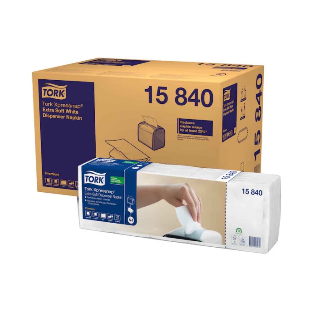 Tork 15840 N4 Extra Soft 2‑lags servietter i hvid, ekstra bløde, reducerer forbrug og hygiejnisk indpakning.