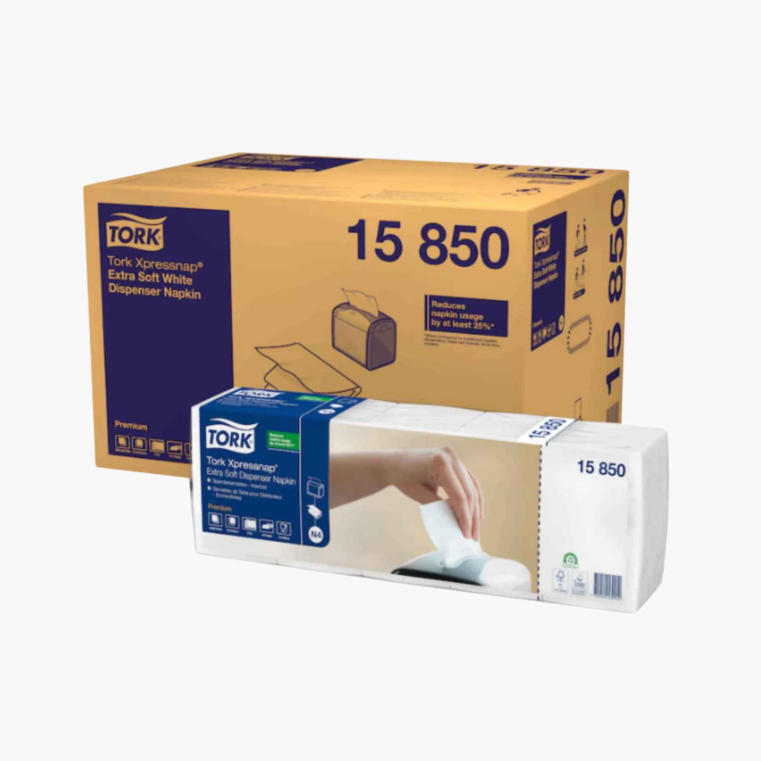 Tork 15850 servietter – ekstra bløde 2-lags servietter med én-ad-gangen dispensering for premium kvalitet og reduceret forbrug.