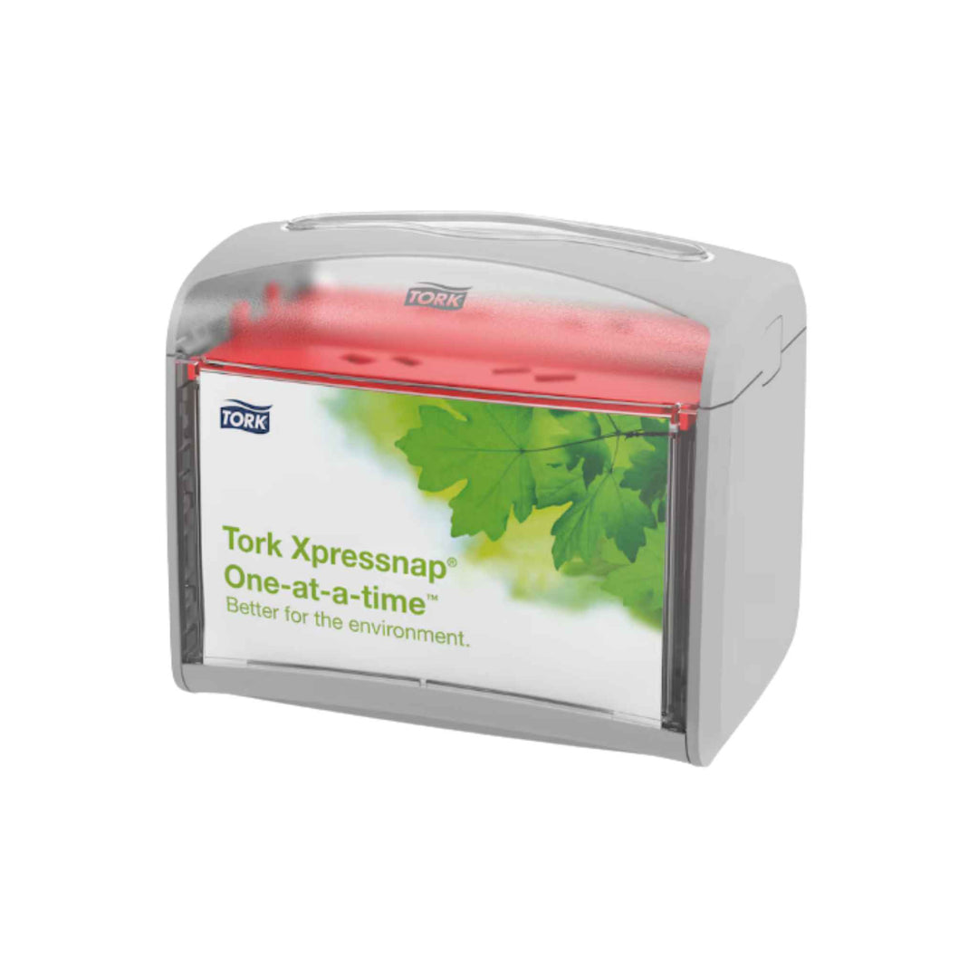 Tork 272613 N4 servietdispenser i grå med ét‑ad‑gangen funktion, lukket design, niveauindikator og reduceret forbrug.