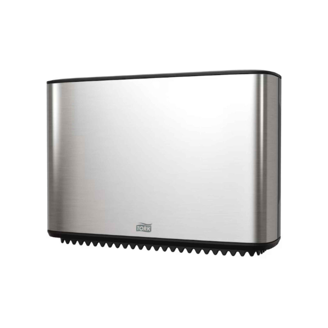 Tork 460006 T2 Jumbo Mini toiletpapirdispenser i rustfrit stål med anti-fingeraftryk, høj kapacitet og smart stubrullefunktion.