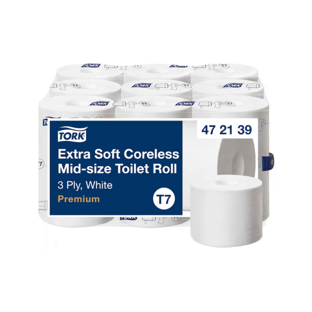 Tork 472139 T7 Mid-size Extra Soft 3‑lags toiletpapir, 63,3 m x 18 rl., hylseløst design, ekstra blødt og bæredygtigt.