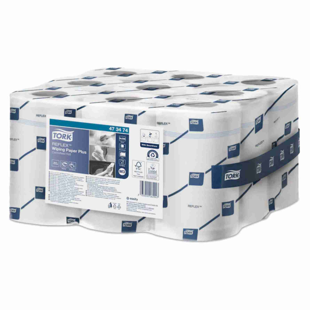 Tork 473474 M3 Reflex Plus 2‑lags centerruller i hvid, høj absorbering, ét‑ark‑ad‑gangen funktion og minimal spild.