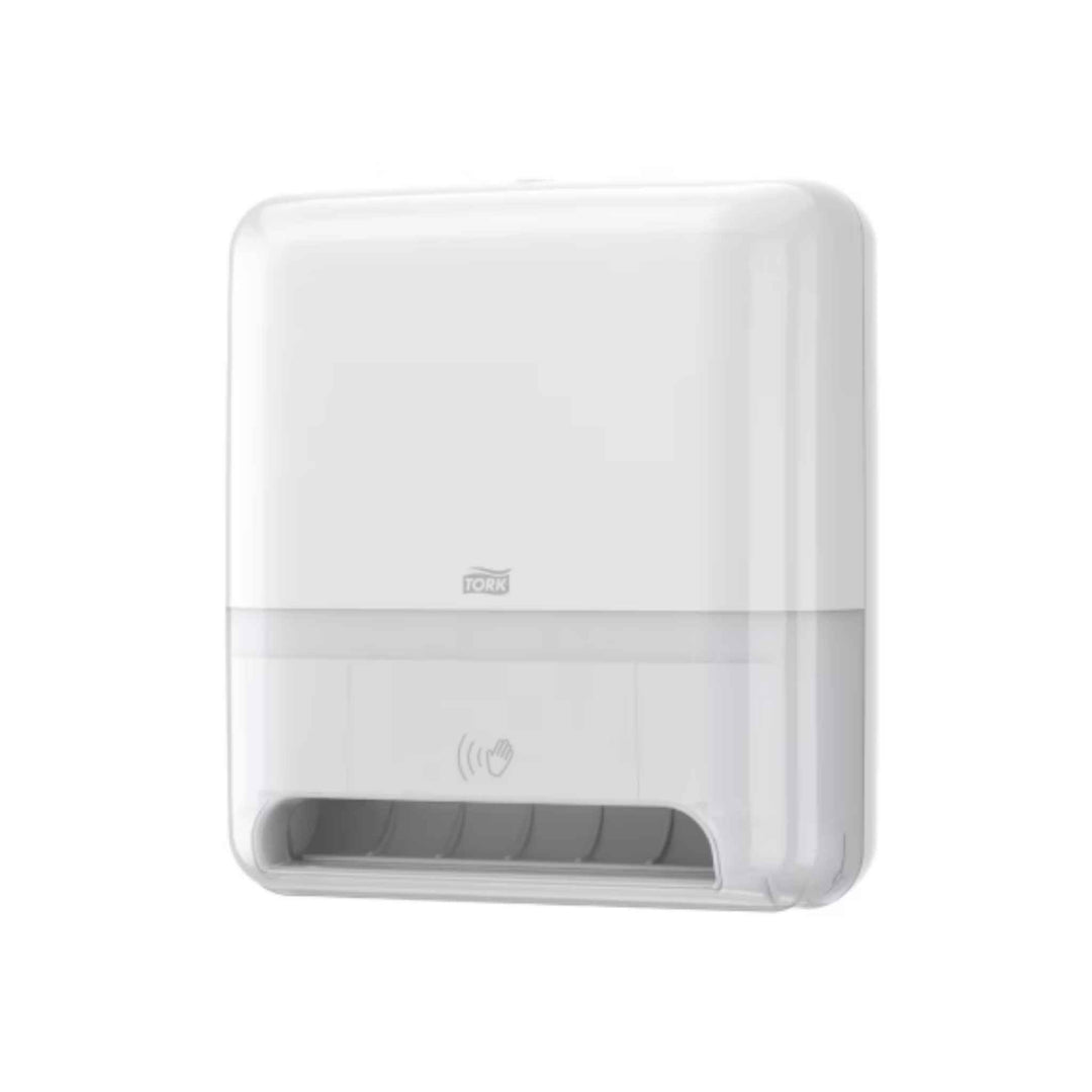 Tork 551100 H1 automatisk håndaftørring dispenser i hvid med touch‑free funktion, LED‑refillindikator og justerbar længde.