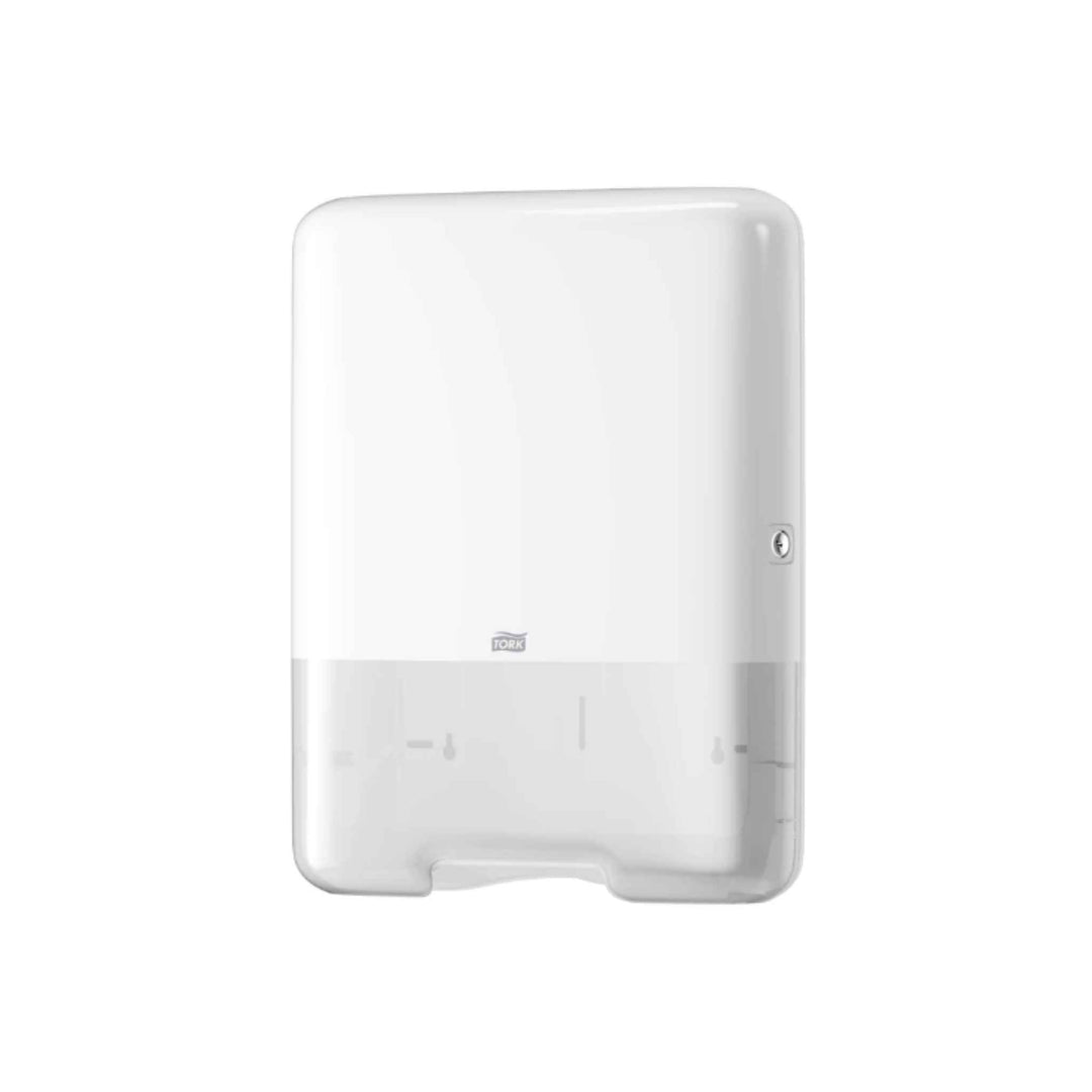 Tork 553000 H3 Singlefold håndtørringsdispenser i hvid med ét‑ad‑gangen funktion, sideåbning til genopfyldning.