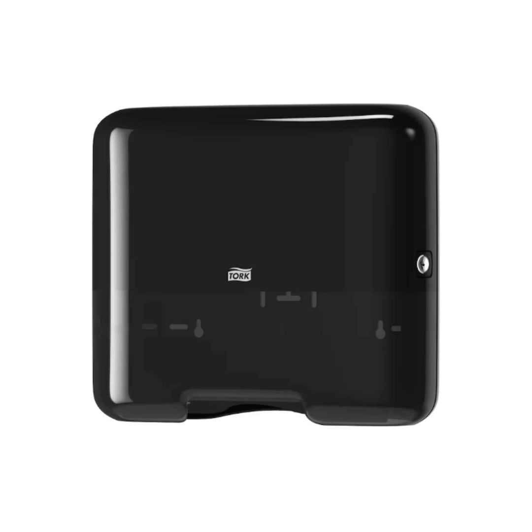 Tork 553108 H3 Singlefold Mini håndtørringsdispenser i sort med ét‑ad‑gangen funktion, sideåbning og robust design.