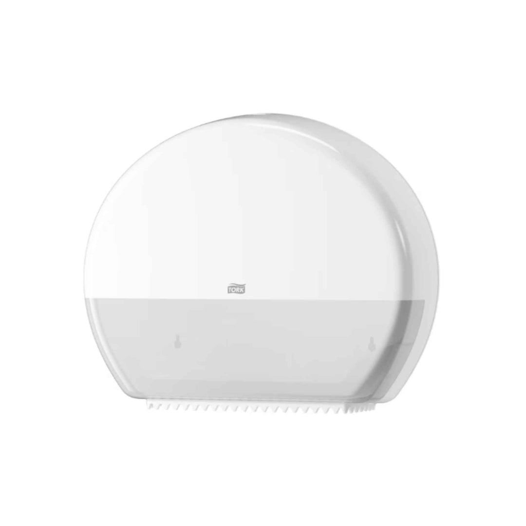 Tork 554000 T1 Jumbo toiletpapirdispenser i hvid med ekstra høj kapacitet, stubrullefunktion og gennemsigtigt vindue.