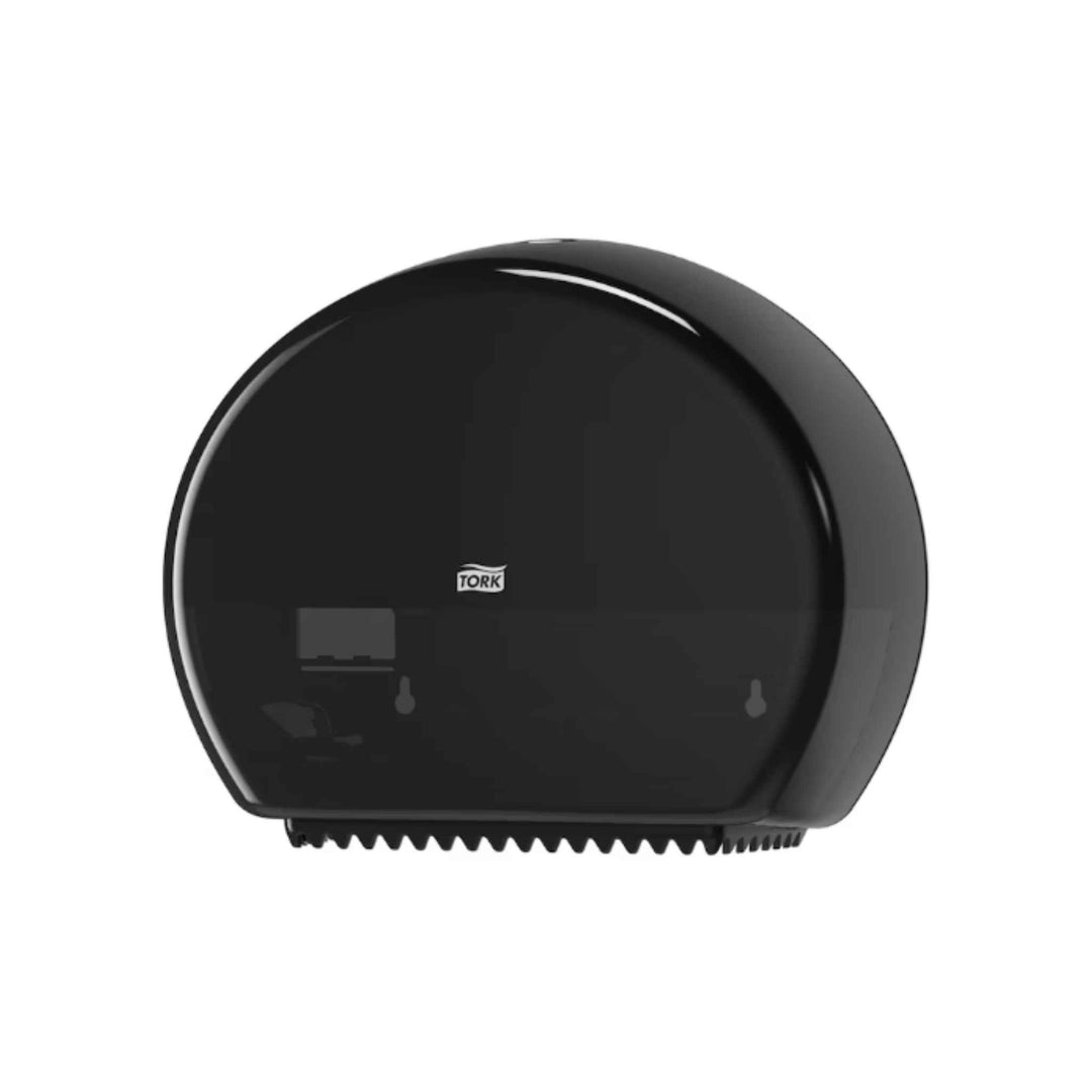 Tork 555008 T2 Jumbo Mini toiletpapirdispenser i sort med høj kapacitet, stubrullefunktion, gennemsigtigt vindue og lavt spild.