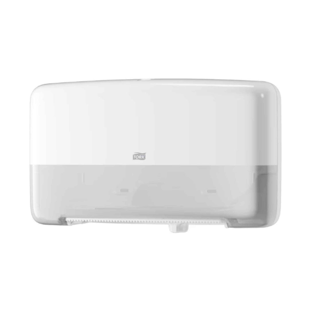 Tork 555500 T2 Jumbo Mini Twin toiletpapirdispenser i hvid med dobbeltrulle, høj kapacitet, gennemsigtigt vindue og lavt spild.