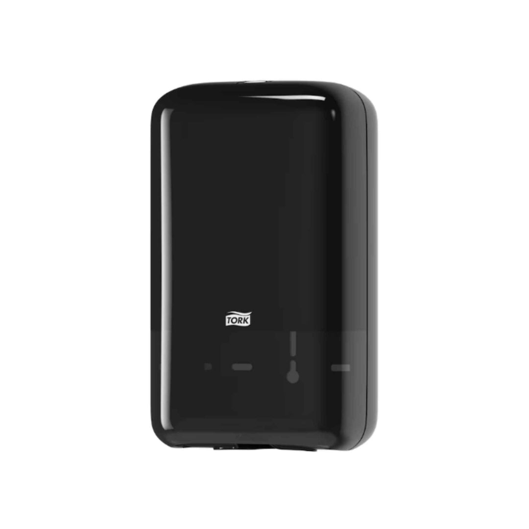 Tork 556008 T3 toiletpapirdispenser i sort med et‑ad‑gangen funktion, kompakt pladsbesparende design og nem genopfyldning.