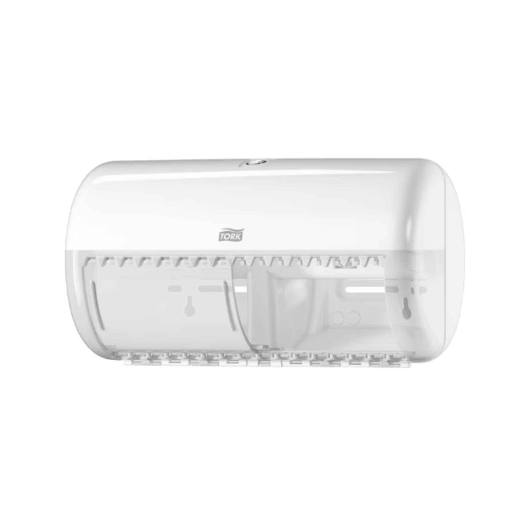 Tork 557000 T4 Twin toiletpapirdispenser i hvid – kompakt, hygiejnisk design med høj kapacitet og nem refill.