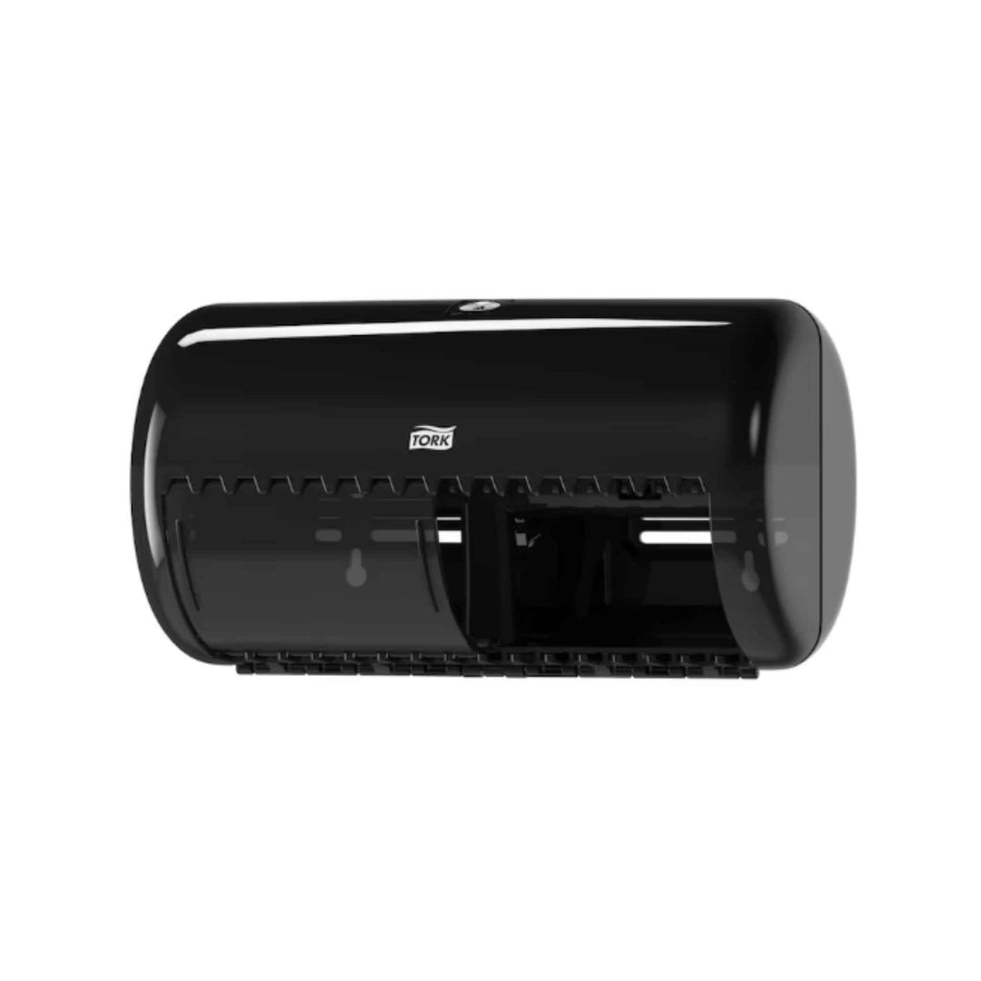 Tork 557008 T4 Twin toiletpapirdispenser i sort – kompakt, pladsbesparende løsning med høj kapacitet og hygiejnisk beskyttelse.
