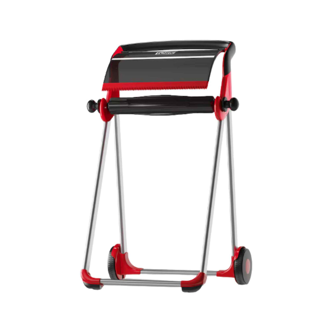 Tork 652008 W1 gulvstativ i rød med stabilt og mobilt design, høj kapacitet, nem afrivning og hurtig genopfyldning.