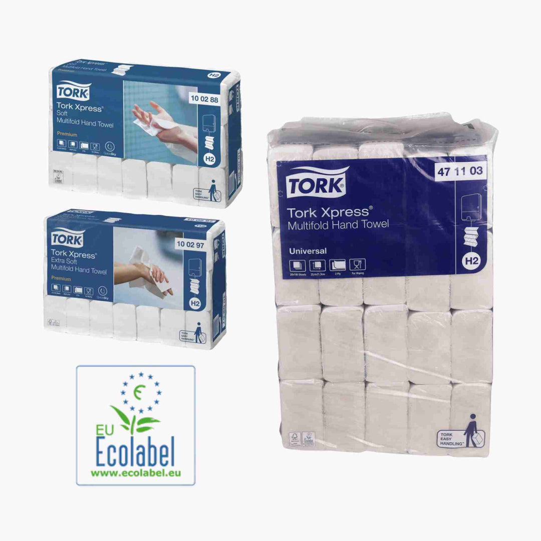 Tork H2 papir giver en hygiejnisk og bæredygtig løsning med ét-ark-ad-gangen dispensering til professionelle miljøer.