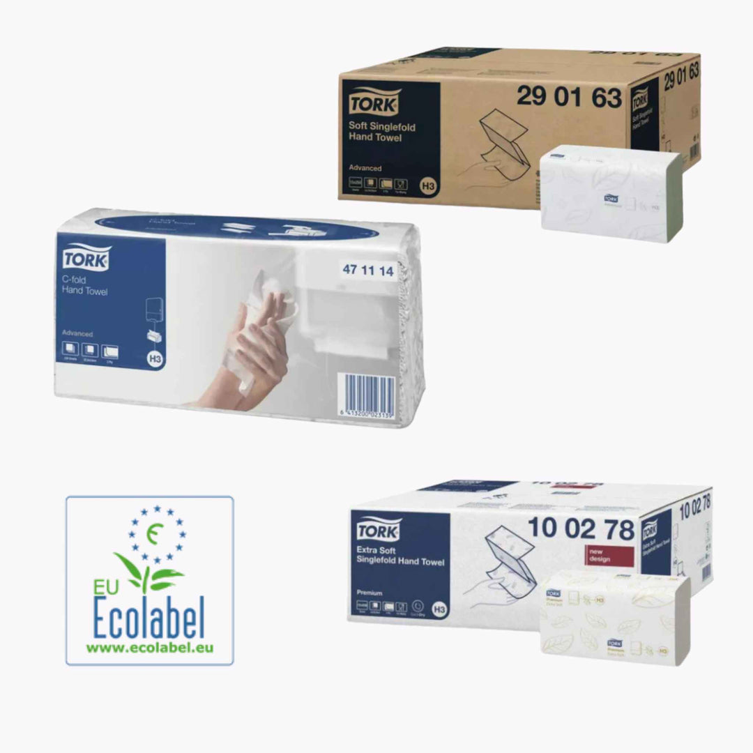 Tork H3 papir sikrer hygiejnisk og økonomisk håndtørring med en-ad-gangen dispenserfunktion, der reducerer spild.