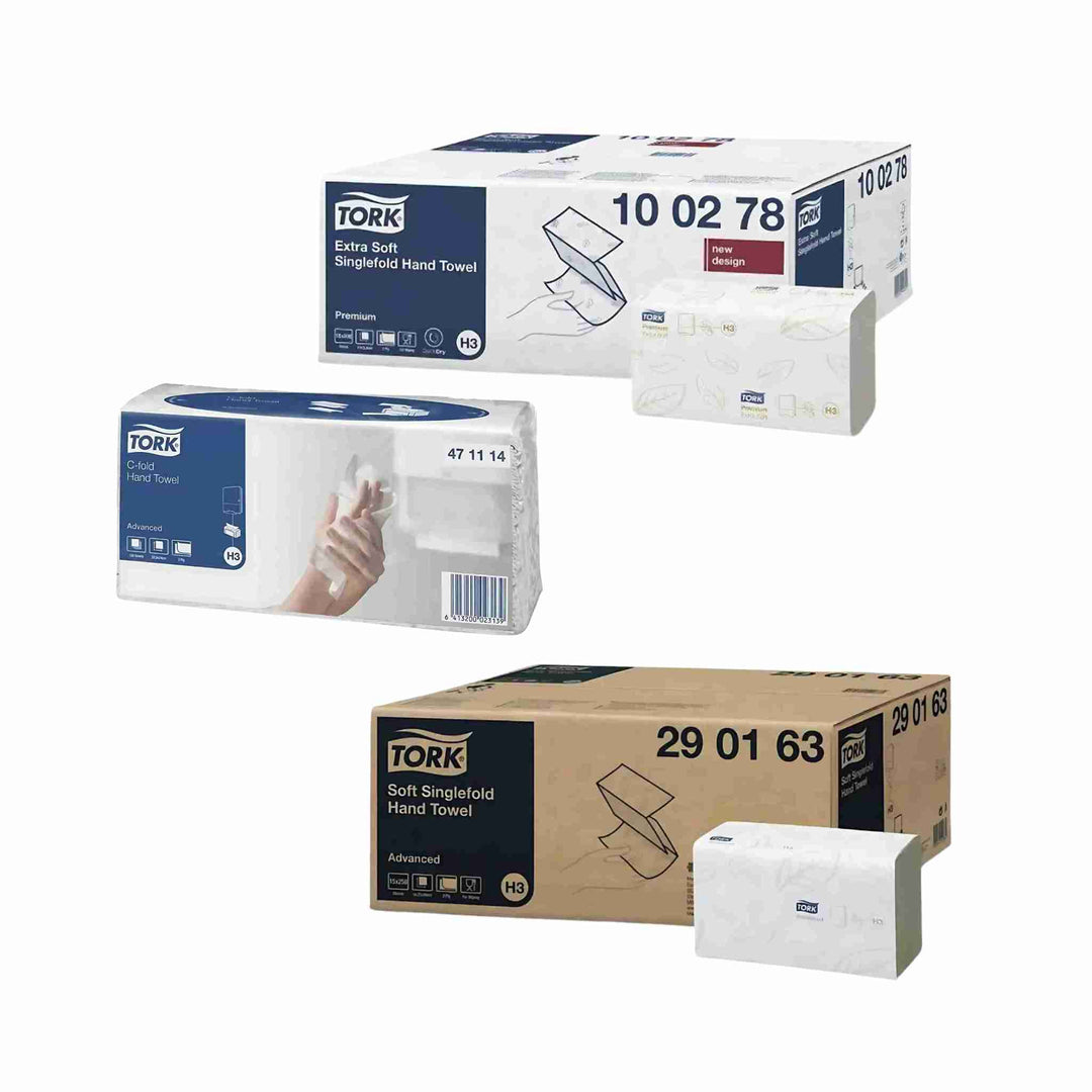 Tork H3 papir: Ét-ad-gangen c-fold håndklædeark til optimal hygiejne og økonomisk papirforbrug.