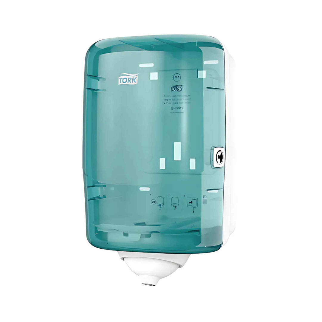 Tork M3 Reflex centerfeed‑dispenser i turkis 473167  med ét‑ark‑ad‑gangen funktion, run‑out indikator og pladsbesparende design.