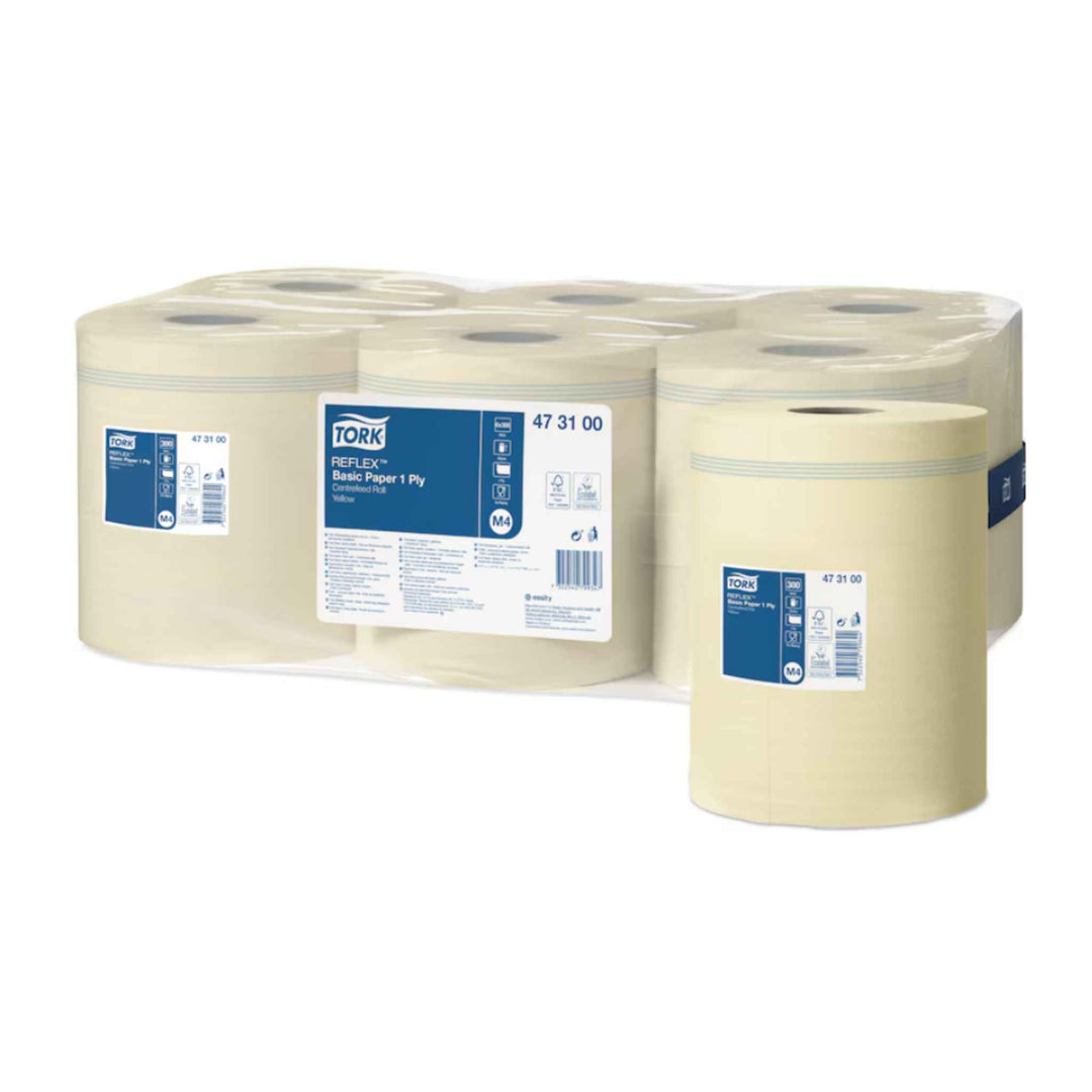 Tork M4 Basic centerruller 473100 1-lags gul papir, 300 m, ét‑ark‑ad‑gangen funktion, omkostningseffektiv og hygiejnisk.