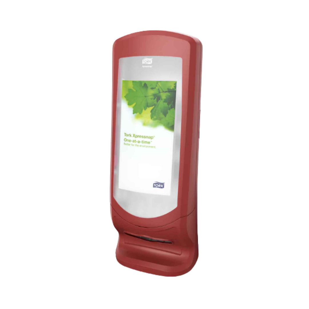 Tork N4 servietdispenser i rød 272212 med høj kapacitet, én‑ad‑gangen funktion og pladsbesparende opretstående design.