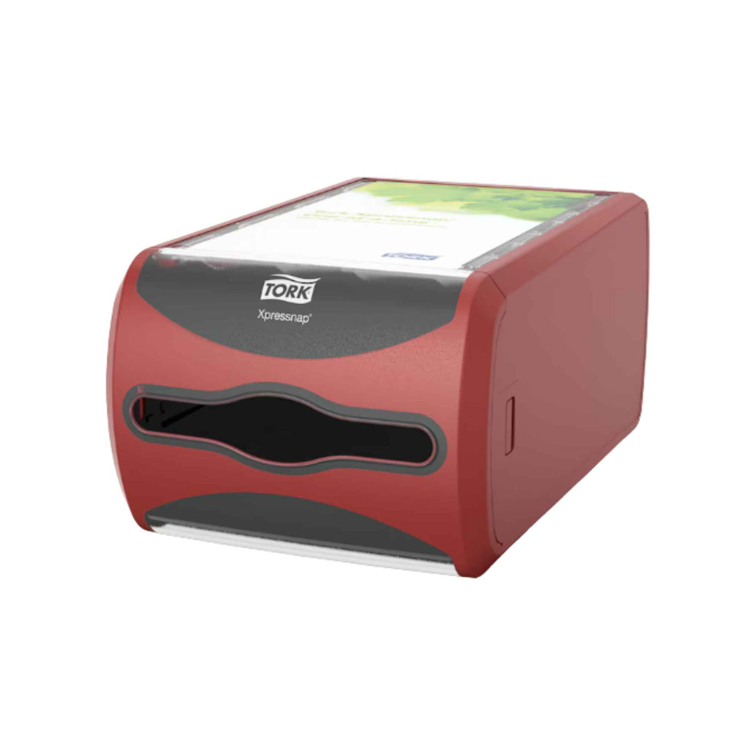 Tork N4 servietdispenser 272512 i rød med én‑ad‑gangen funktion, lukket design og nem rengøring.